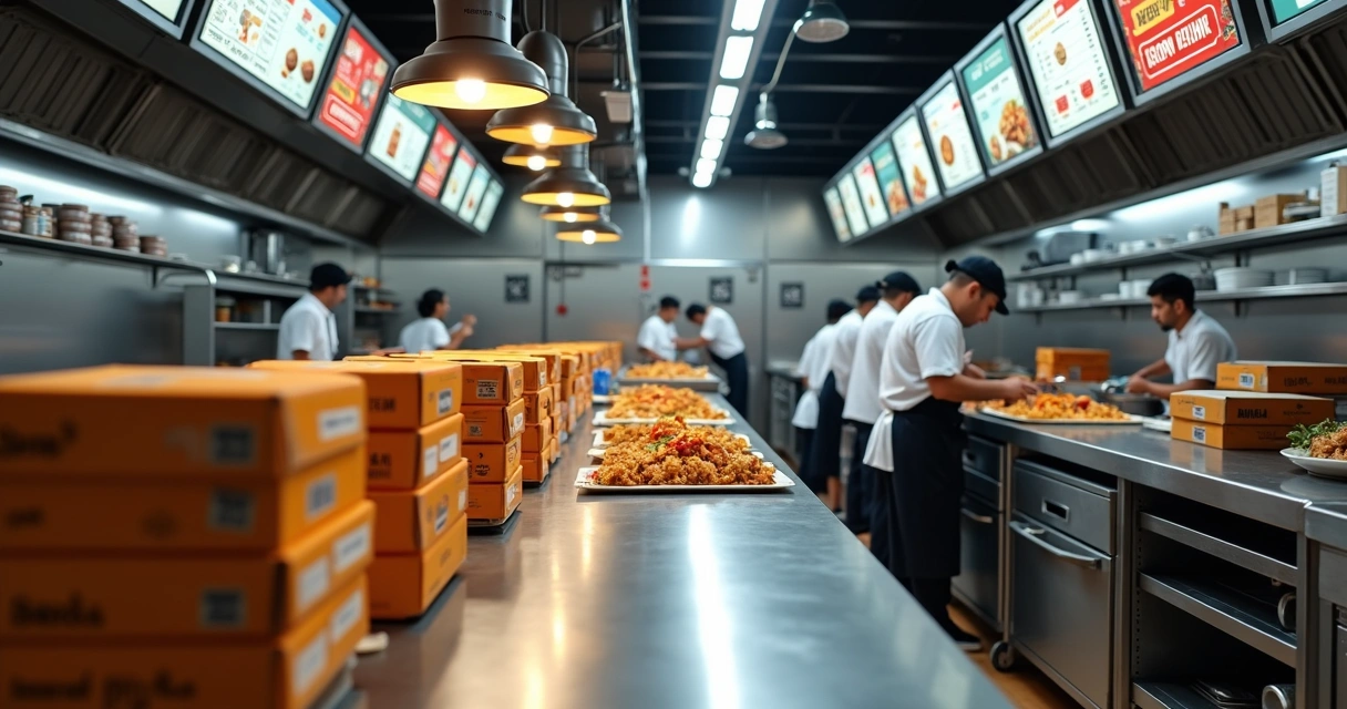 Cozinha profissional com telas de pedidos e estações de preparo