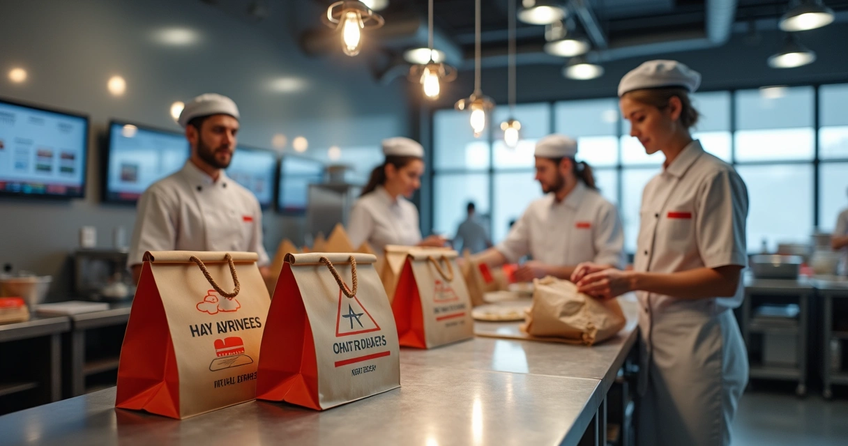 Equipe de operadores de delivery em cozinha com embalagens de várias marcas  