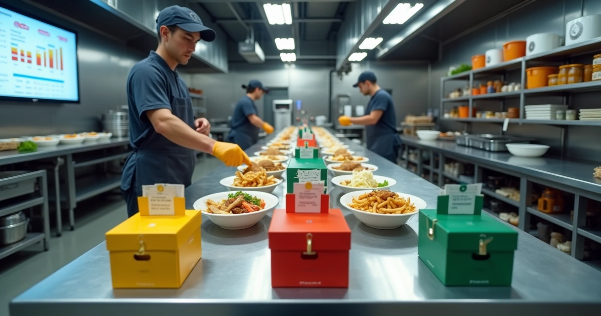 Cozinha de delivery organizada com várias estações e embalagens de marcas diferentes 