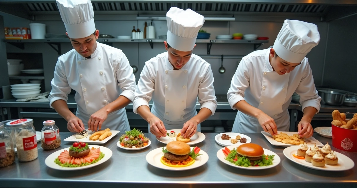 Equipe de operadores preparando diferentes pratos em uma cozinha profissional