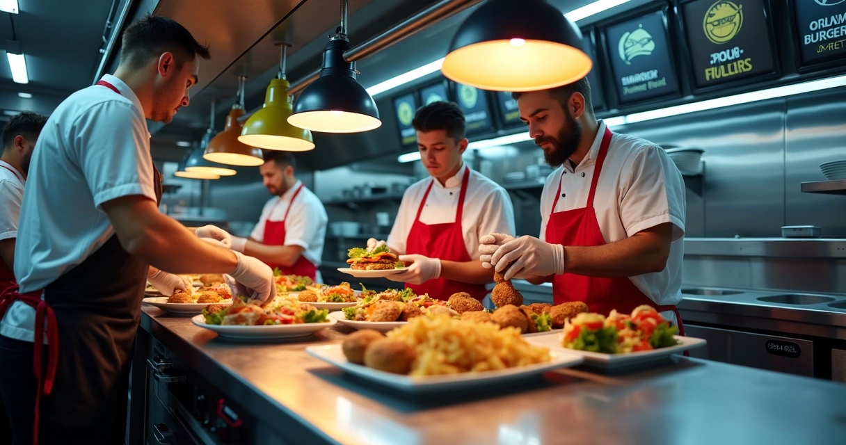 Equipe em cozinha profissional preparando pedidos de várias marcas ao mesmo tempo. 