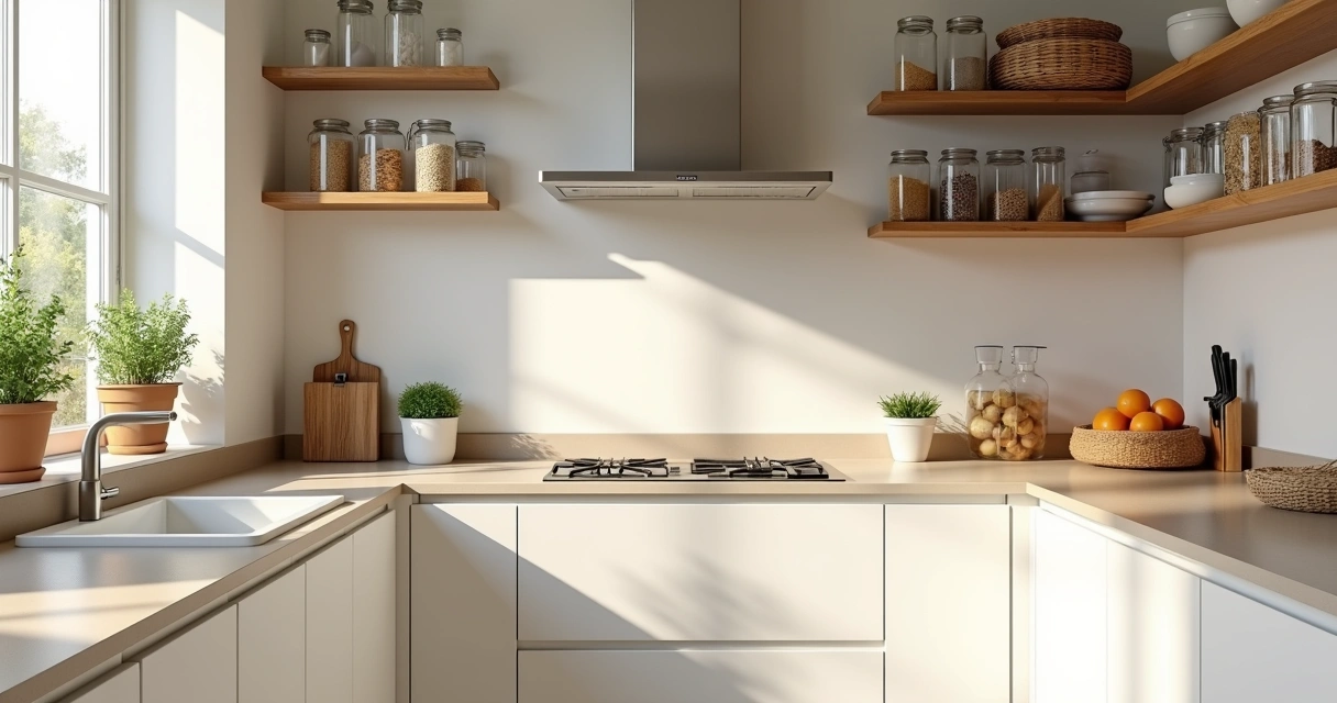 Cozinha organizada com bancada de quartzo clara, armários brancos e frascos organizadores 