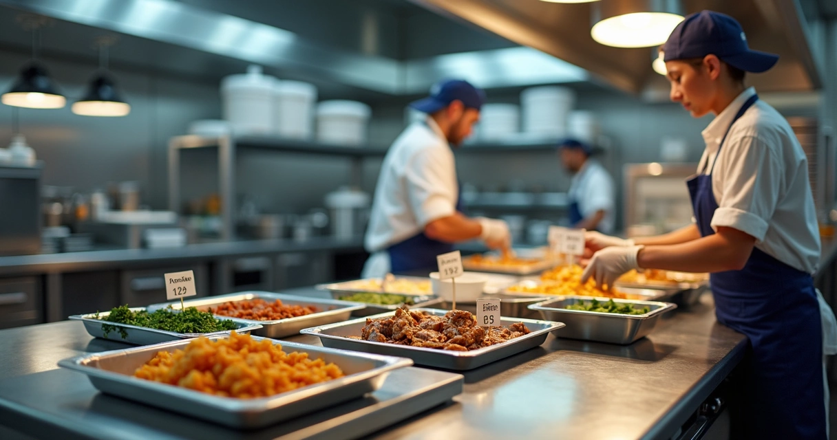 Cozinha profissional com alimentos etiquetados e equipe em preparo 
