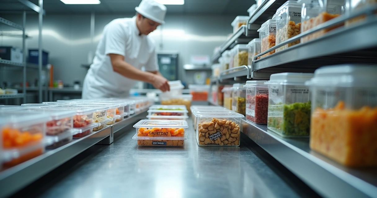 Cozinha profissional com alimentos etiquetados 