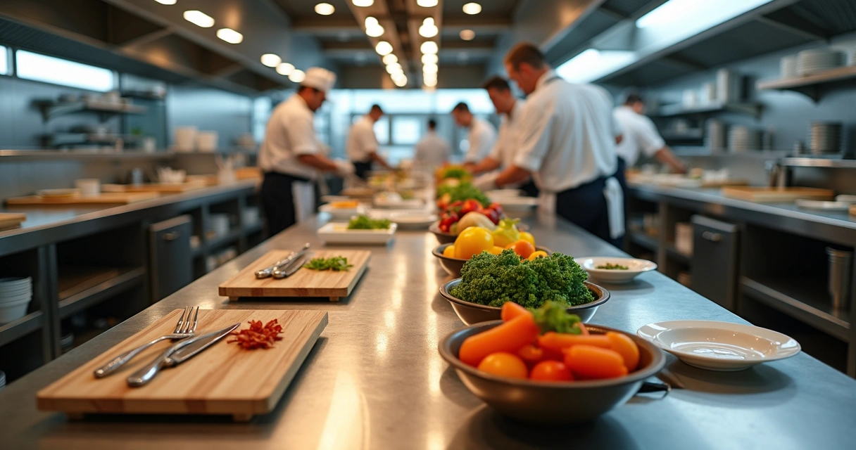 Cozinha profissional organizada com bancadas limpas, utensílios e ingredientes separados para mise en place 