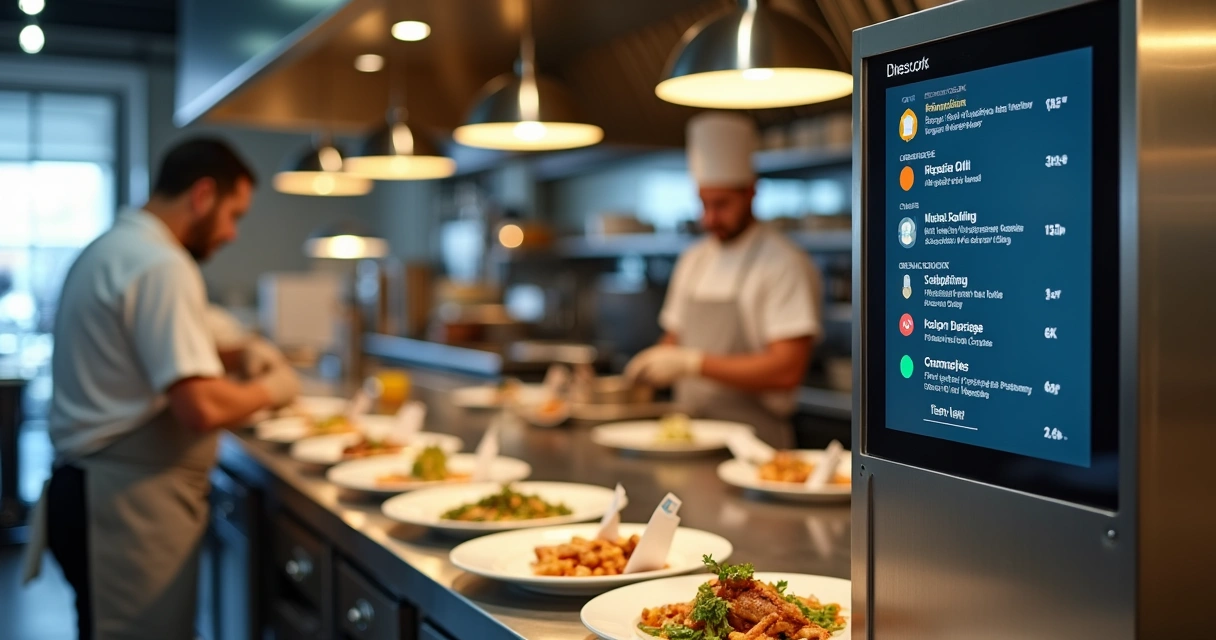 Cozinha de restaurante organizada com tela mostrando fila de pedidos digitais 