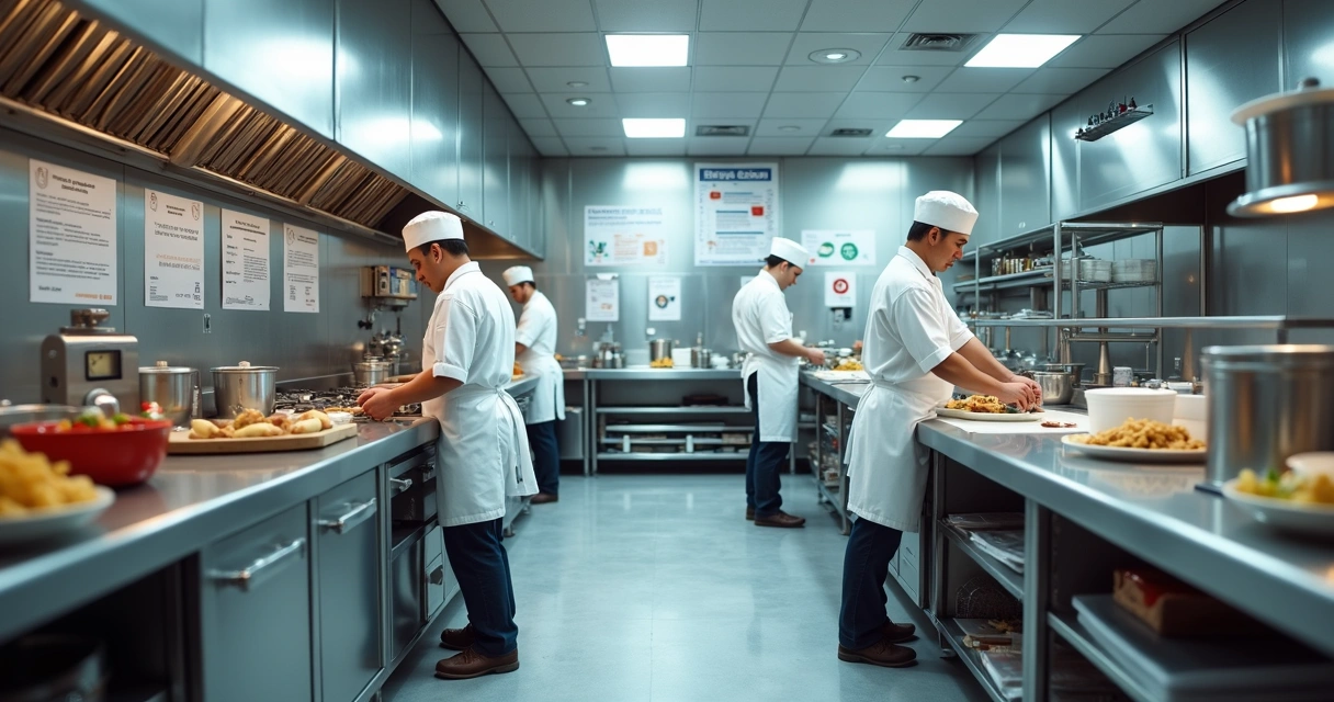 Cozinha limpa e organizada com equipe de alimentos trabalhando 