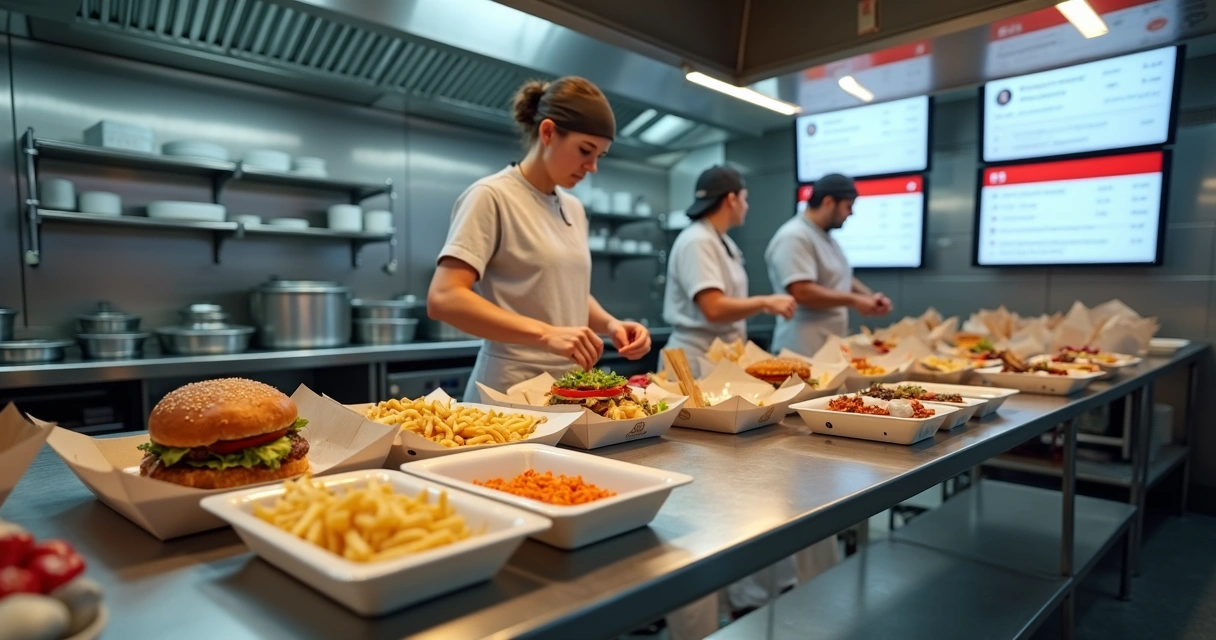 Cozinha profissional operando várias marcas de delivery integradas ao iFood em telas de gestão 