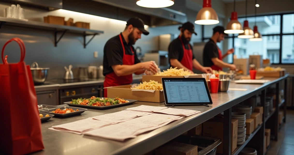 Cozinha profissional organizando pedidos agendados em tela digital 