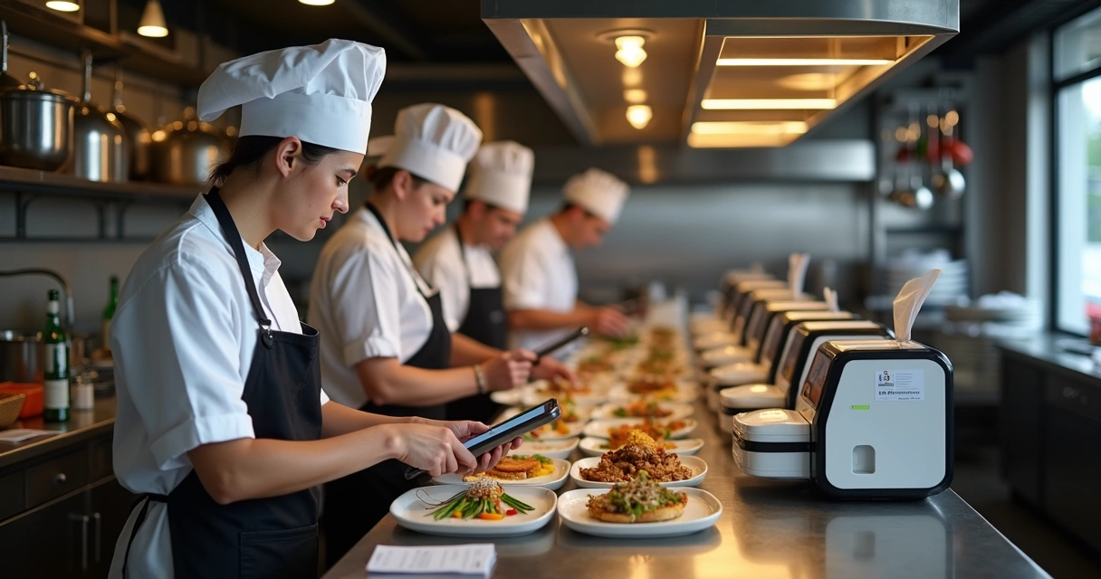 Cozinha profissional com equipe preparando pedidos com tablets e impressoras automáticas 