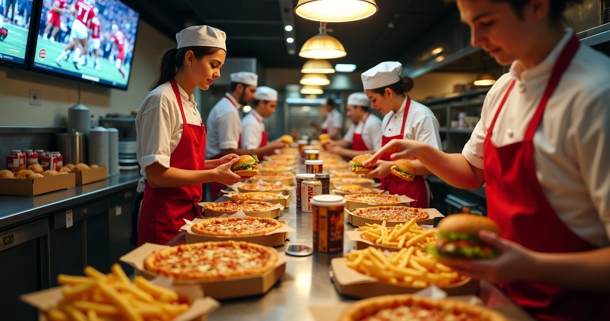 Cozinha organizada com tela de pedidos durante evento esportivo 