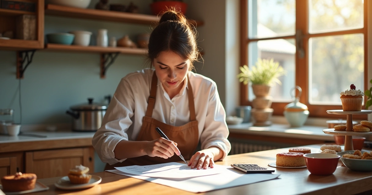 Confeiteira produzindo doces em uma cozinha doméstica com utensílios e folhas de contas na mesa. 