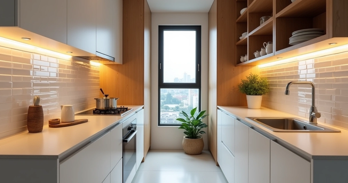 Cozinha pequena planejada em tons claros com armários até o teto e bancada organizada 