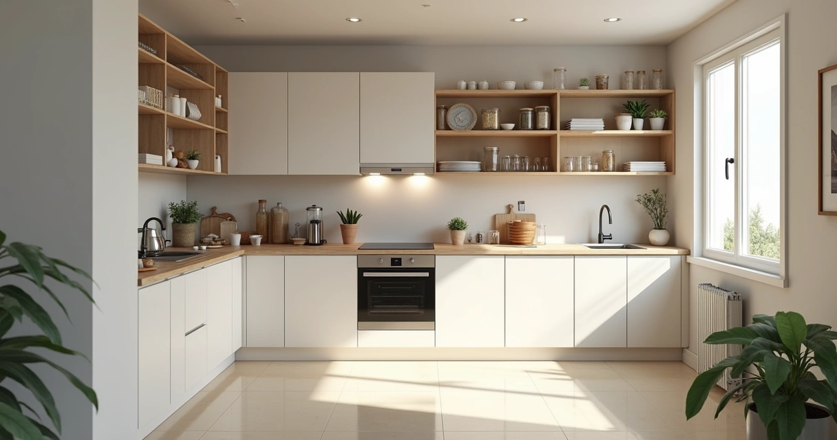 Cozinha pequena com móveis planejados sob medida, armários brancos e prateleiras organizadas