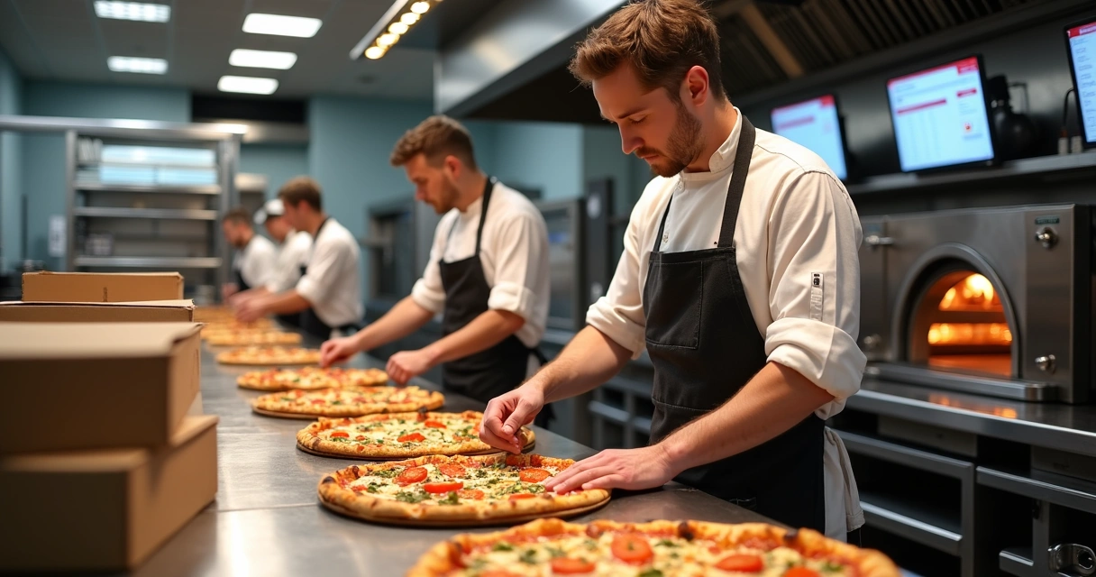 Cozinha de pizzaria delivery com fornos, bancada e equipe organizando pedidos 