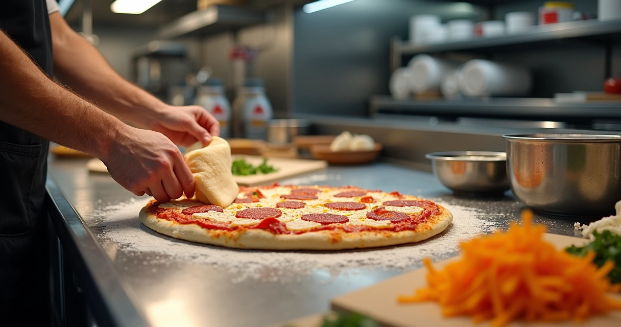Cozinha de pizzaria com preparo manual de pizza 