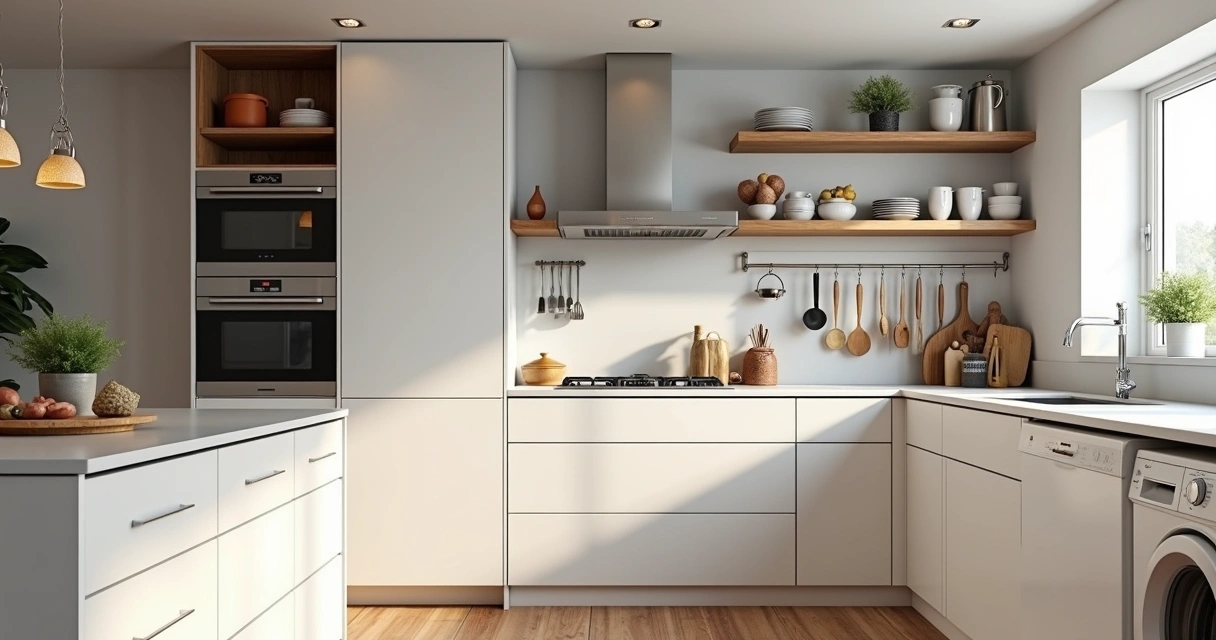 Cozinha compacta com móveis planejados brancos, prateleiras verticais e bancada multifuncional 