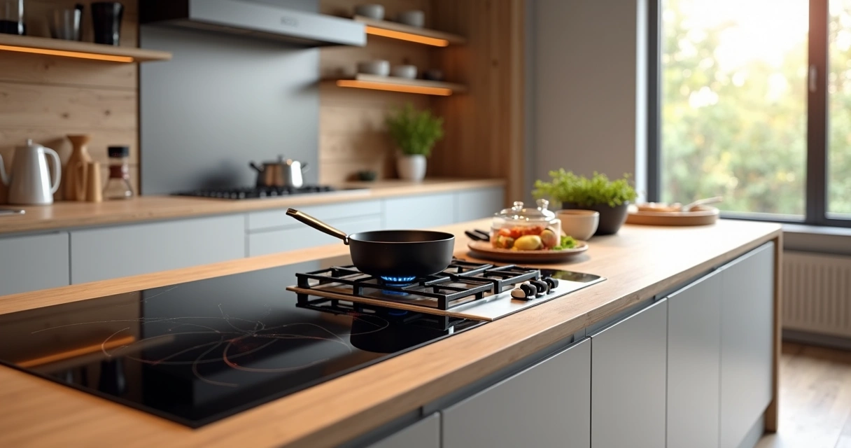 Bancada de cozinha planejada com diferentes tipos de cooktop lado a lado 