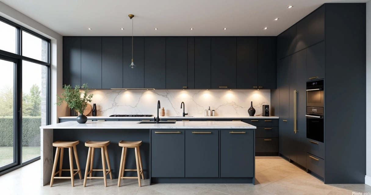 Cozinha planejada com armários escuros e iluminação pontual 