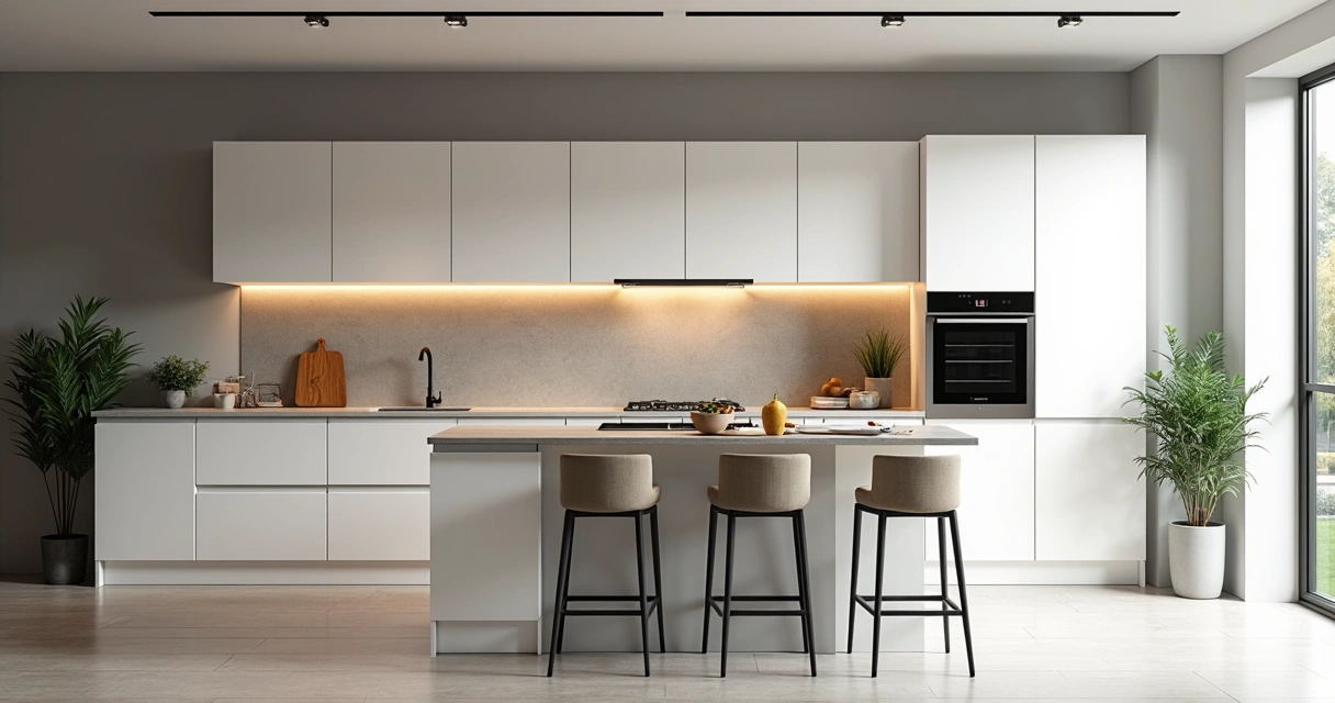 Cozinha planejada moderna com armários brancos e bancada de pedra 