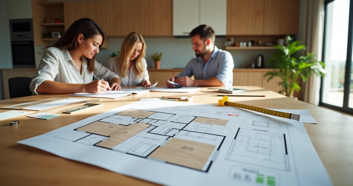 Designer mostra projeto de cozinha planejada com amostras de materiais sobre a mesa 
