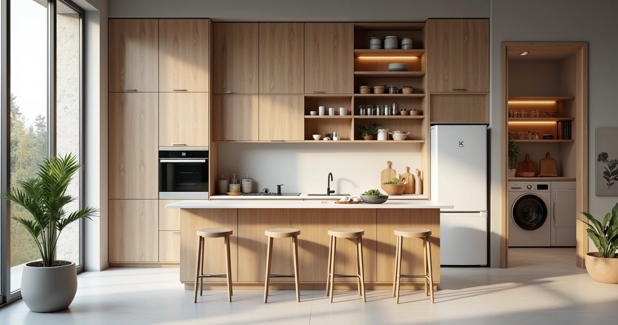 Cozinha moderna planejada com armários verticais, prateleiras e bancada multifuncional bem organizada 