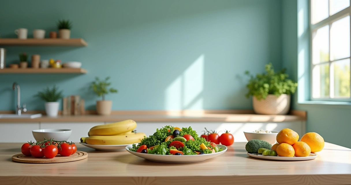 Cozinha iluminada com salada, frutas e aveia, representando um plano nutricional equilibrado.