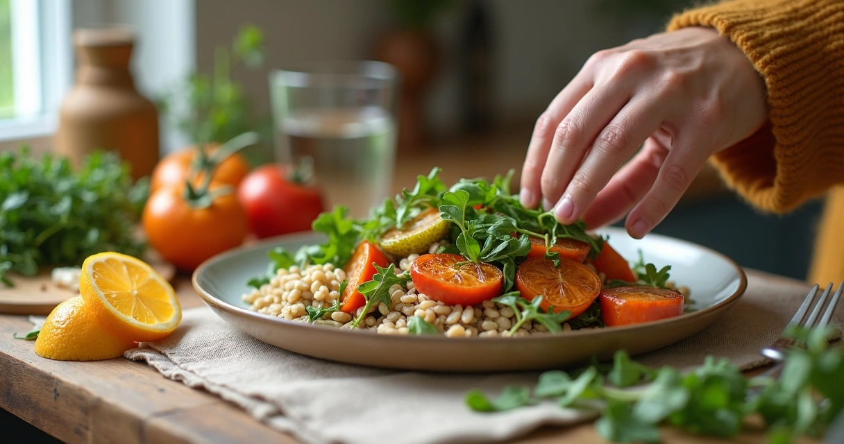 Prato sazonal sendo montado em cozinha com ingredientes frescos 