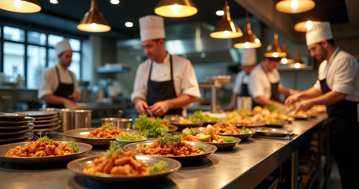 Equipe de cozinha preparando múltiplos pratos para delivery.