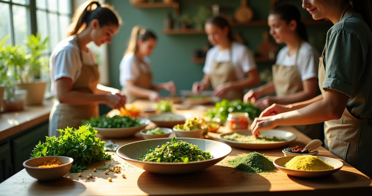 Pessoas preparando alimentos com moringa na cozinha