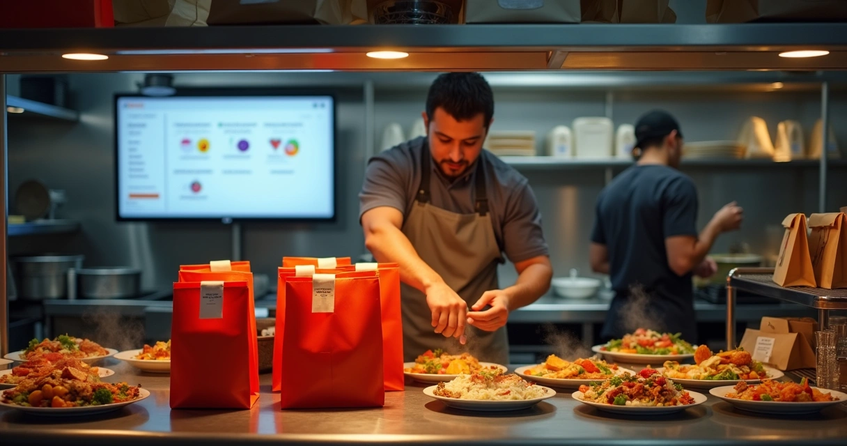 Cozinheiro organizando pedidos de delivery em bancada moderna 