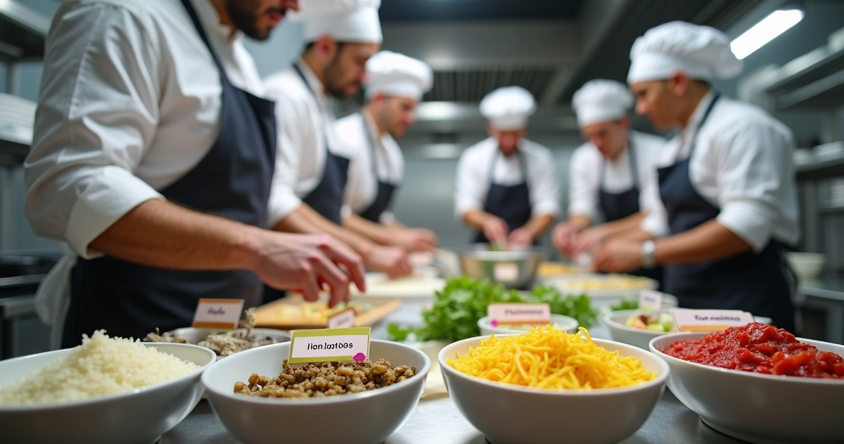 Cozinha de restaurante com equipe preparando pratos, ingredientes separados e etiquetas de restrição alimentar nas bancadas