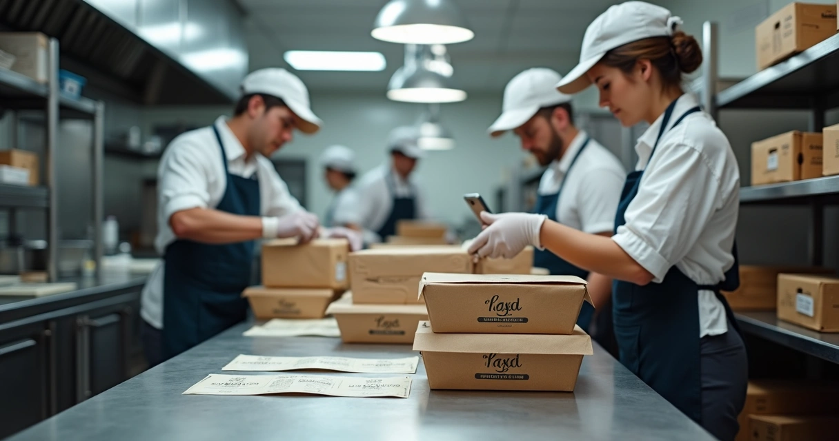 Equipe de cozinha preparando pedidos de delivery com embalagens organizadas