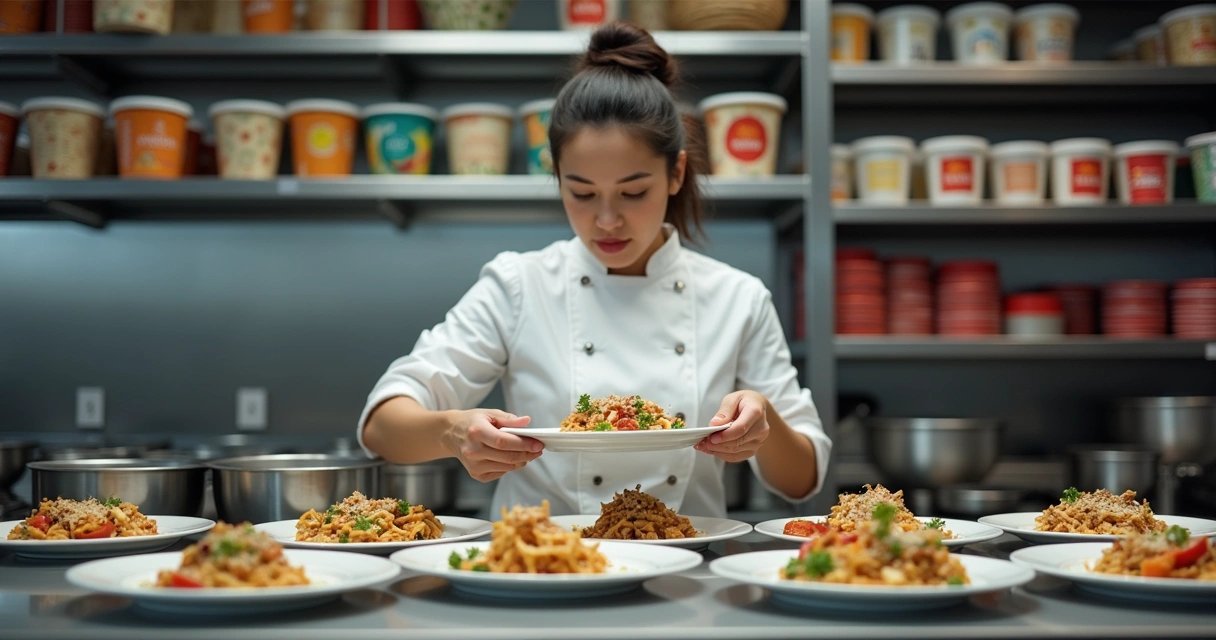 Profissional preparando pedidos em cozinha voltada para delivery