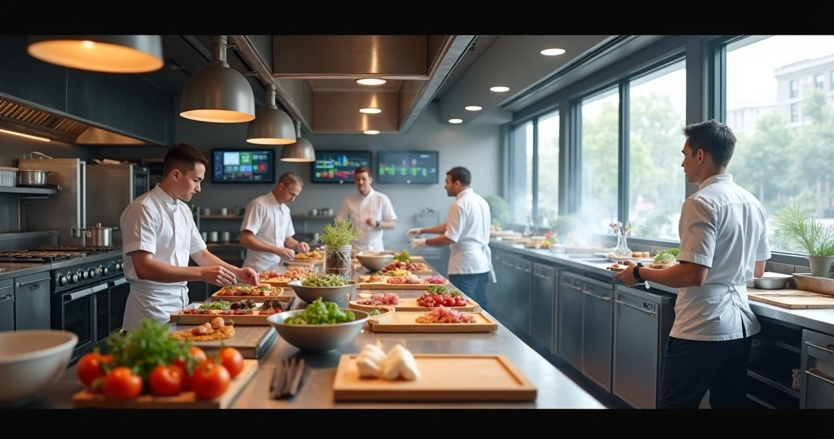 Equipe de cozinha profissional preparando pratos 