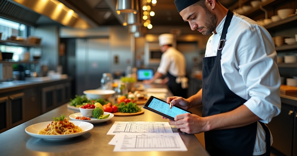 Chef em cozinha profissional analisando ficha técnica e custos de um prato 