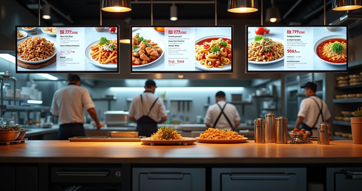 Cozinha profissional moderna com várias telas exibindo menus digitais de diferentes marcas de delivery 