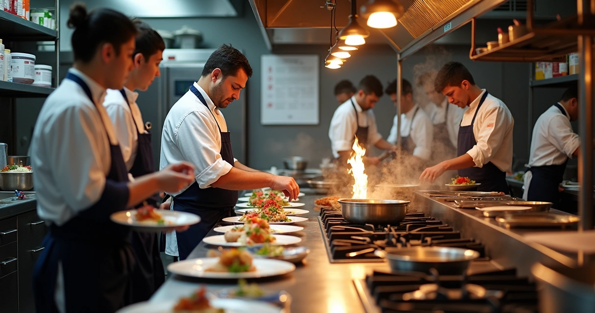 Chefe liderando equipe em cozinha profissional sob pressão 