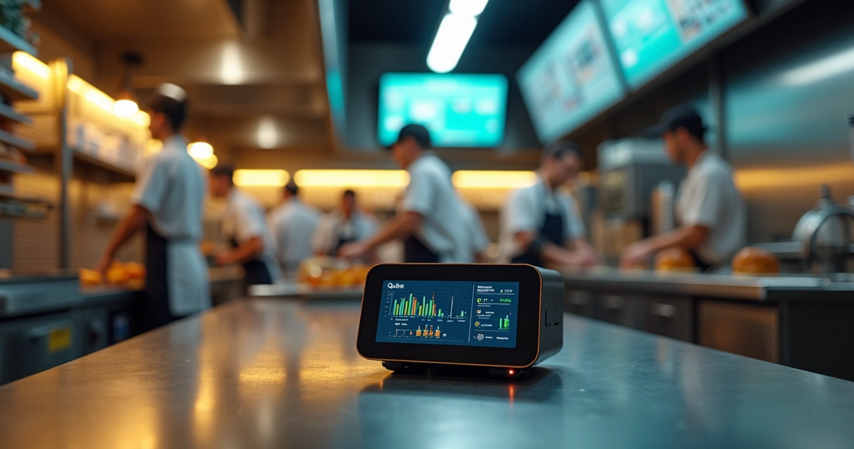 Terminal de IA em balcão exibindo dados em tempo real em cozinha de QSR 