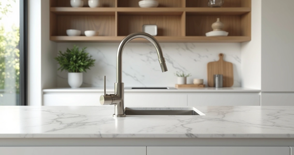 Bancada de cozinha de quartzito branco com torneira de inox e armários brancos 