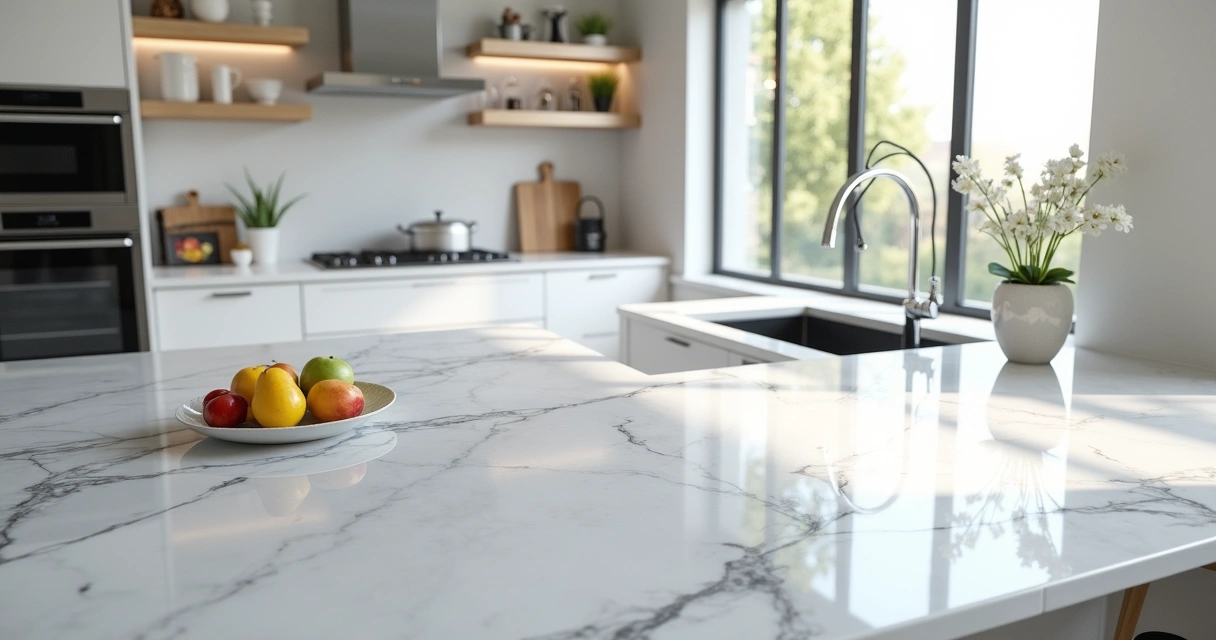 Cozinha moderna com bancada de quartzo branco imitando mármore 