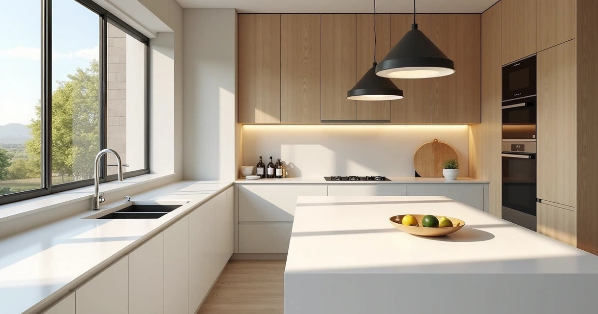 Cozinha branca moderna com bancada de quartzo e detalhes em madeira 