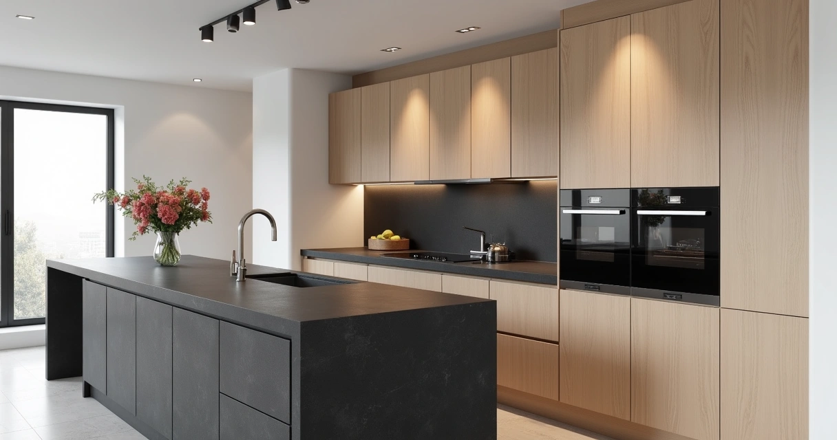 Cozinha minimalista com bancada de quartzo preto 