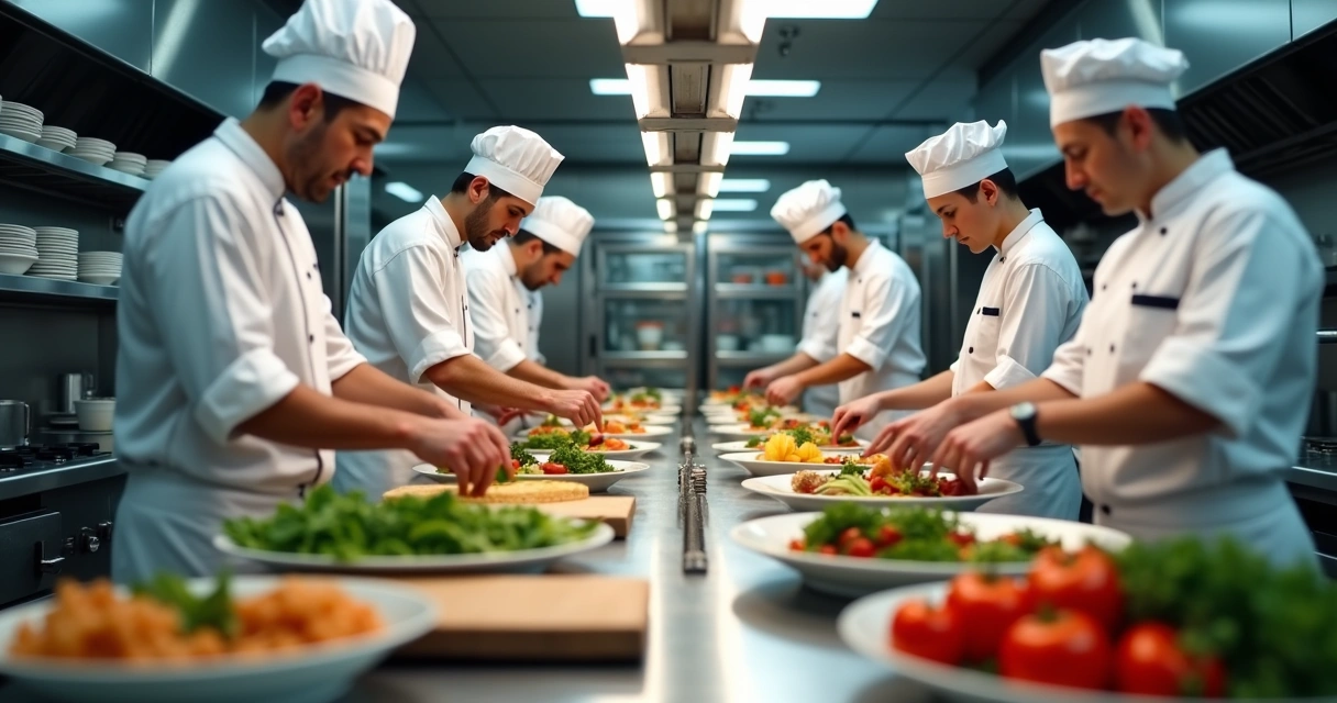 Cozinha de restaurante com equipe trabalhando rápido e organizada 