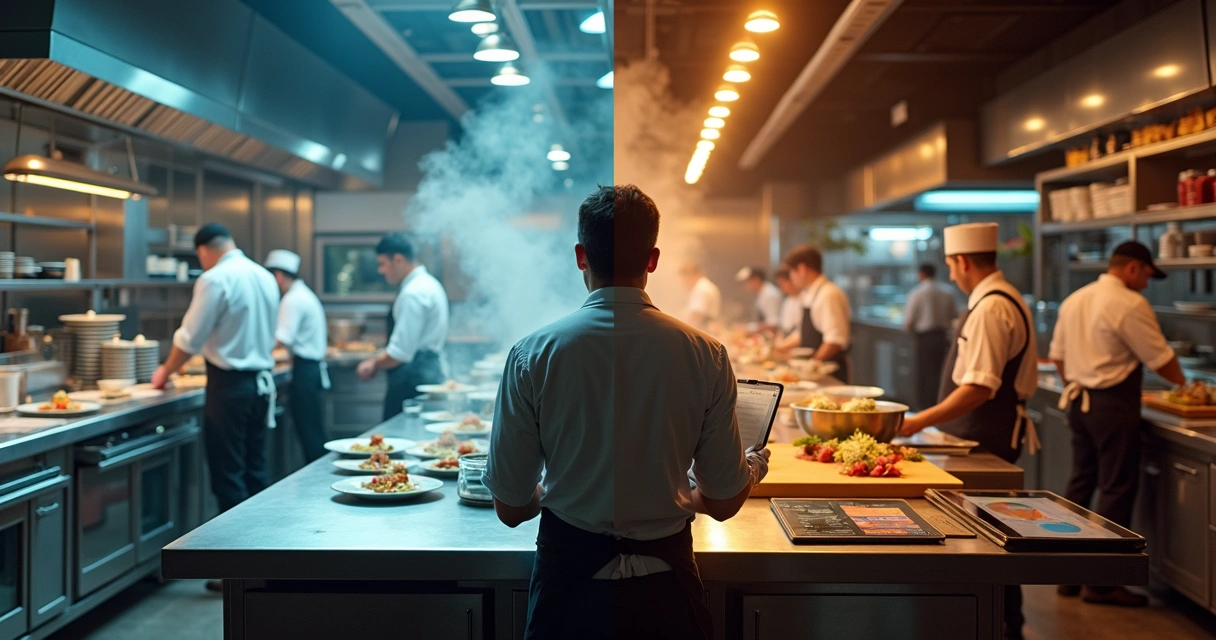 Chef em cozinha profissional dividida entre reality show e rotina real de restaurante 
