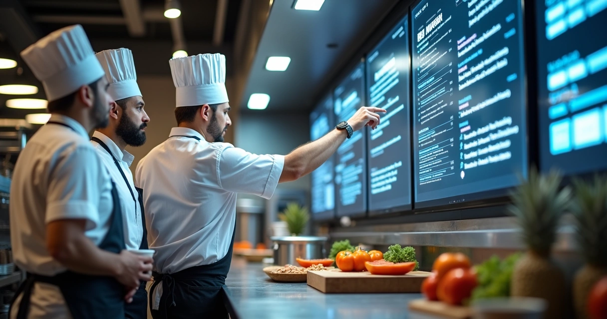 Cozinheiros conferindo tela digital com pedidos organizados na cozinha de restaurante profissional 