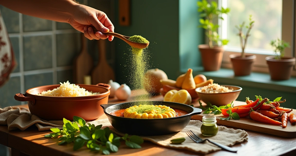 Mesa rústica com pratos regionais coloridos e moringa sendo adicionada às receitas 