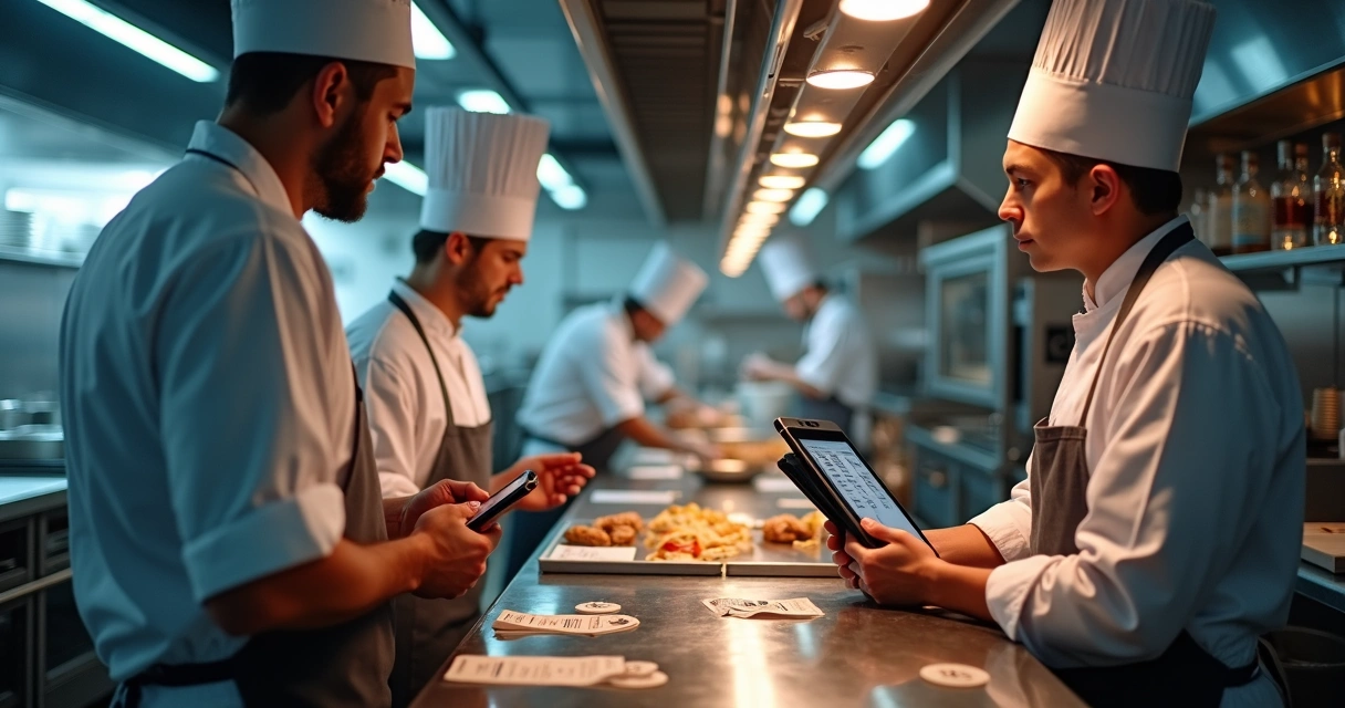 Equipe trabalhando em cozinha profissional cheia de tecnologia 
