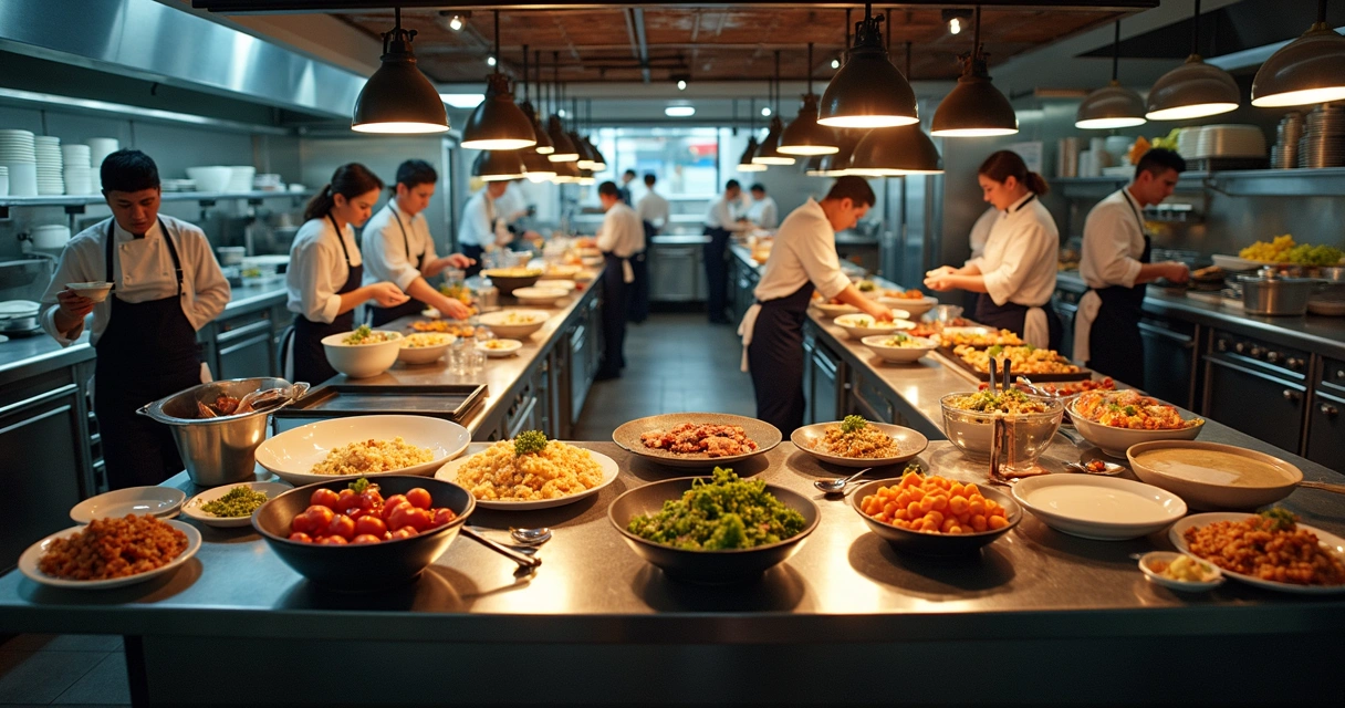 Cozinha de restaurante cheia durante o almoço 