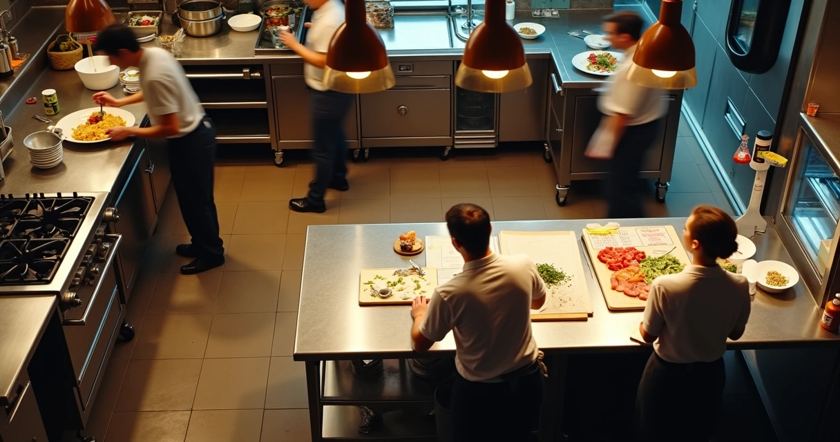 Visão aérea de cozinha de restaurante organizada com pequenos deslizes operacionais 